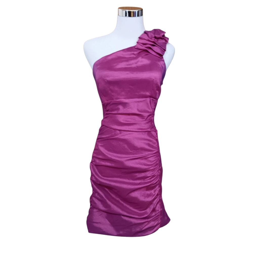 VINTAGE 80s Dress S Party Cocktail Prom Bodycon Ruched Iridescent Pink Purple